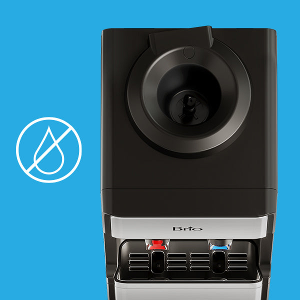 Top view of a black water dispenser with hot and cold taps, set against a blue background with a white water droplet icon crossed out on the left side.